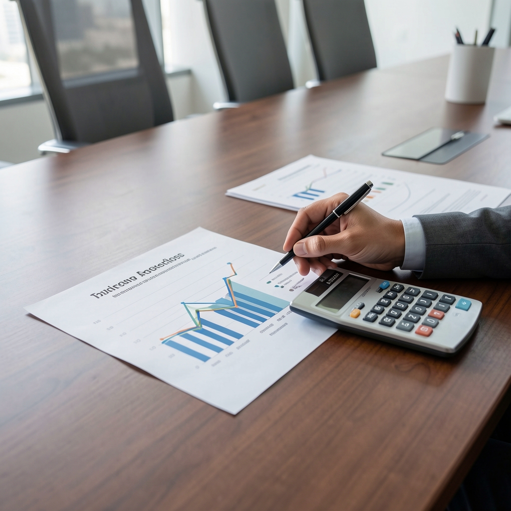 Analista revisando gráficos de ratios financieros impresos en papel sobre mesa de conferencias con calculadora financiera al lado