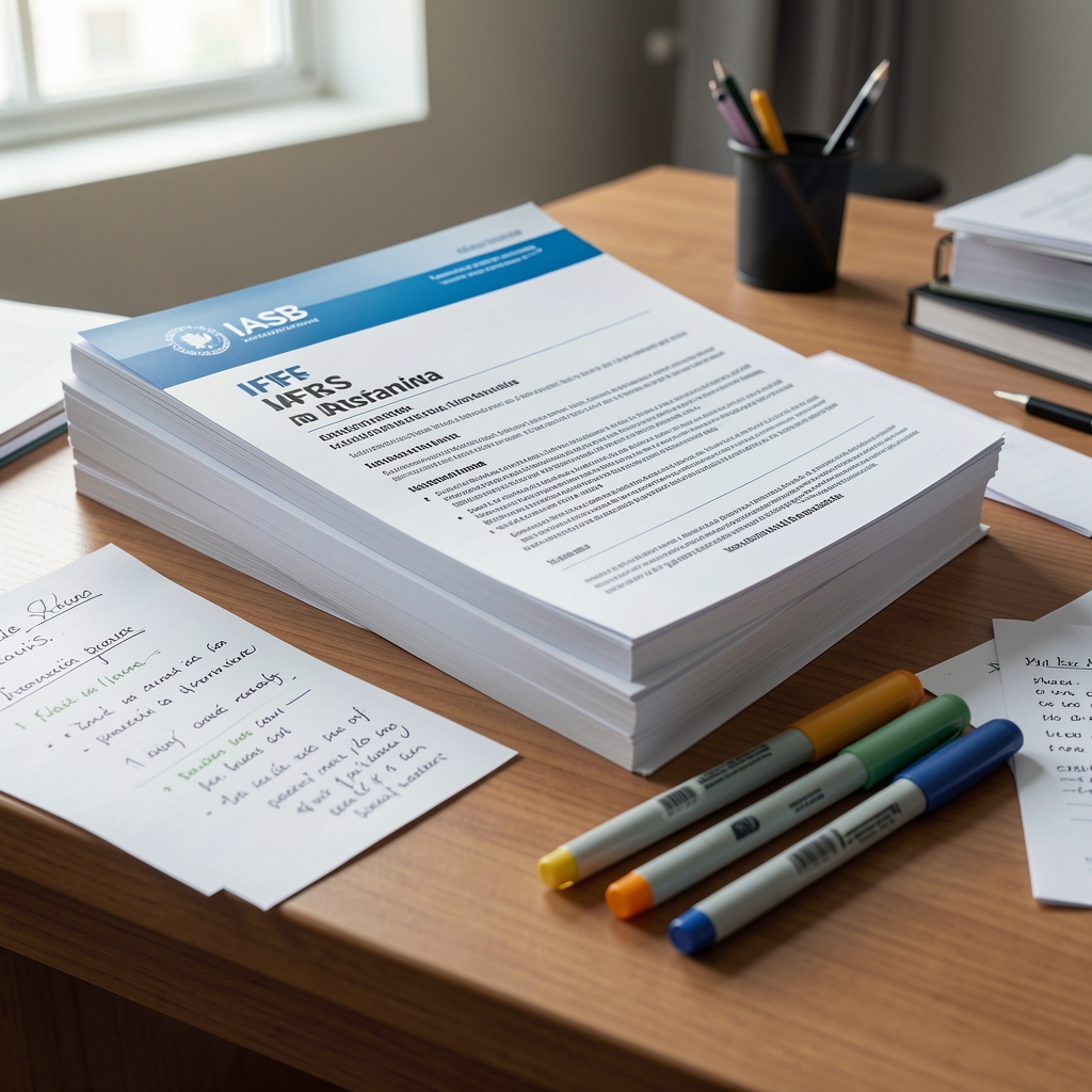 Documentos de normas NIIF impresos sobre escritorio con marcadores de colores resaltando párrafos clave de estándares internacionales de contabilidad