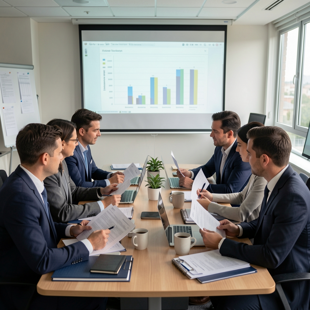 Equipo de profesionales contables reunidos alrededor de mesa revisando planillas de presupuesto anual en oficina iluminada con proyector mostrando gráfico de barras