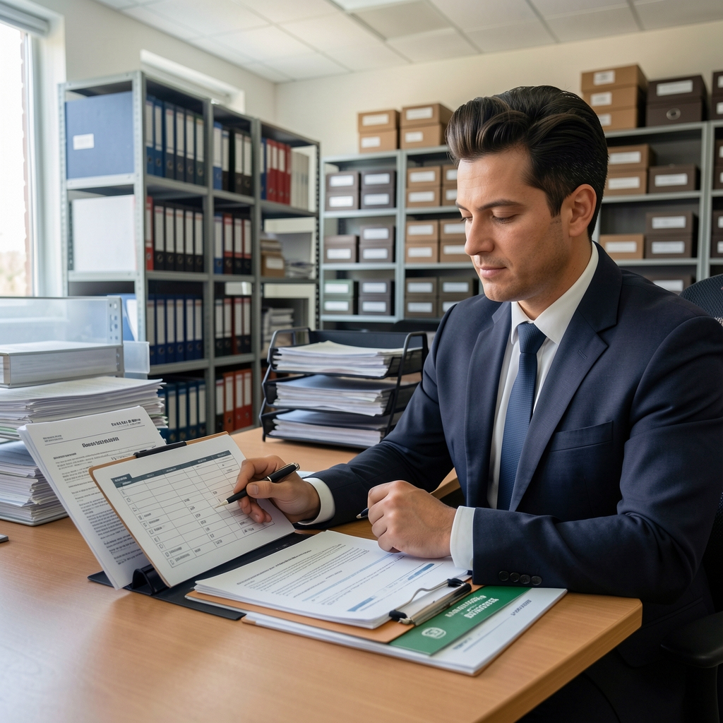 Auditor interno revisando documentación contable con lista de verificación en portapapeles, con archivos contables organizados al fondo en sala de archivos corporativa