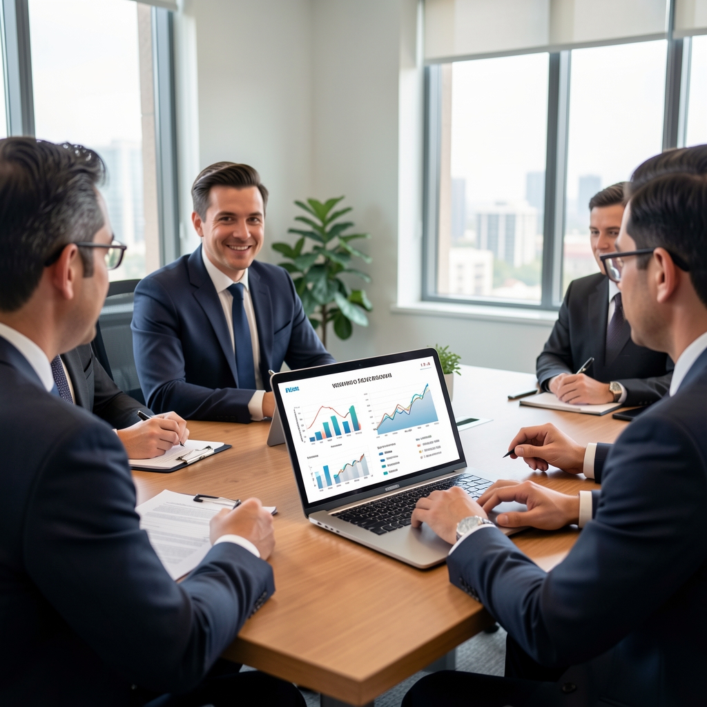 Consultores financieros de Wigwam en sala de reuniones con laptop mostrando modelo de valuación de empresa, gráficos de flujo de fondos descontados y presentación de resultados para directorio