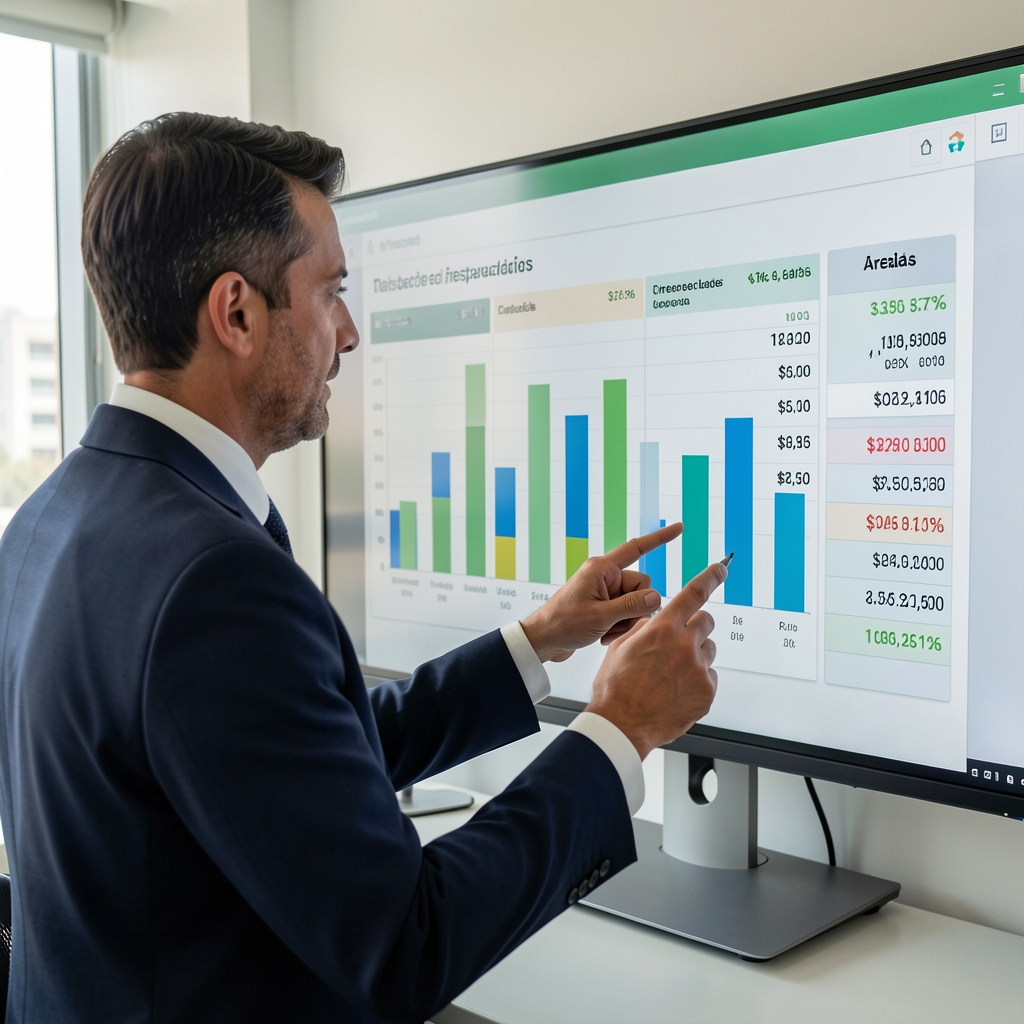 Director financiero de empresa argentina revisando tablero de control presupuestario en pantalla con gráficos de barras comparando cifras reales versus presupuestadas por área