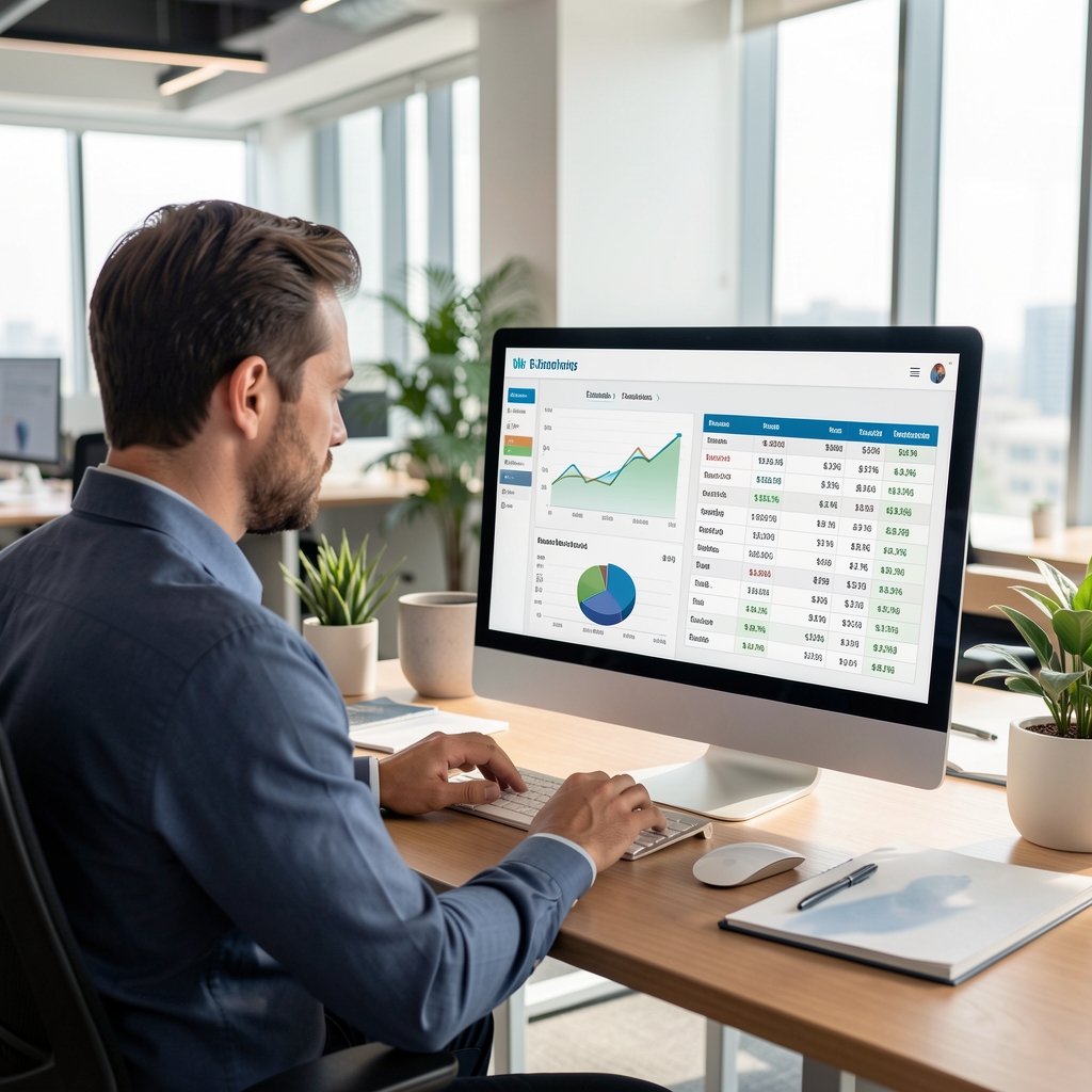 Analista financiero trabajando en pantalla con gráficos de estados contables y tablas de análisis de balance en oficina moderna de Buenos Aires
