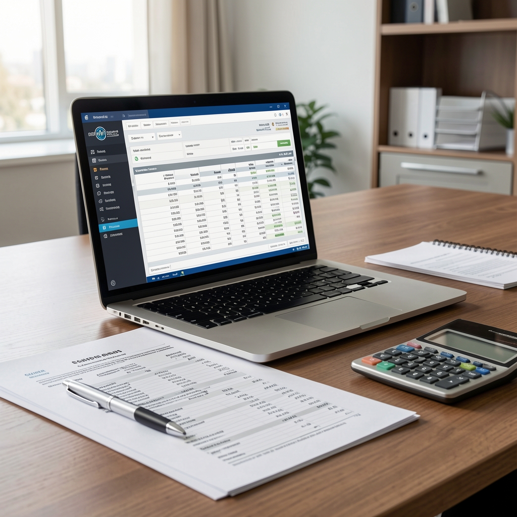 Documentos de estados financieros impresos sobre escritorio de oficina ejecutiva con laptop mostrando software contable, calculadora y pluma sobre balance general