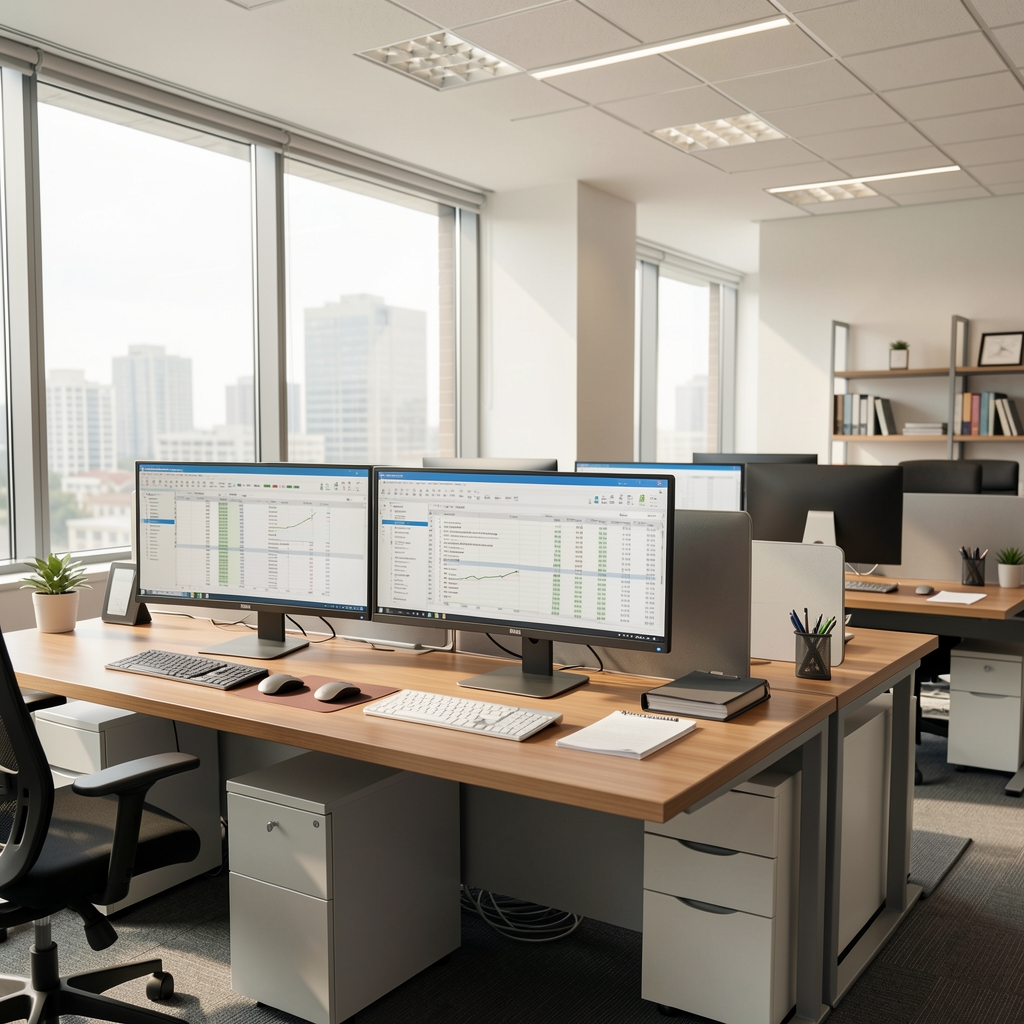 Oficina profesional de análisis financiero en Buenos Aires con escritorios ordenados, pantallas con hojas de cálculo contables y luz natural entrando por amplias ventanas
