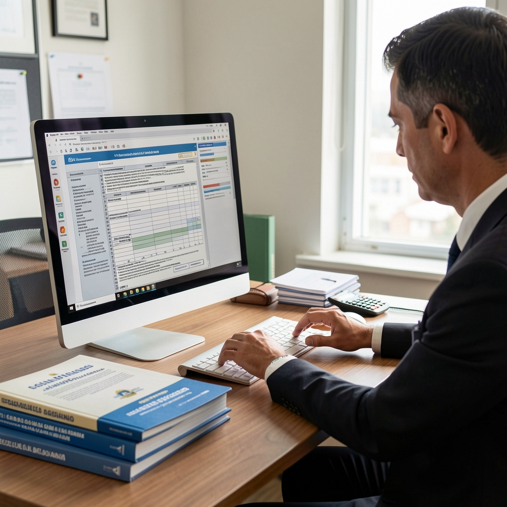 Especialista tributario revisando declaración jurada de ganancias en computadora con libros de legislación fiscal argentina y calculadora sobre escritorio de consultoría