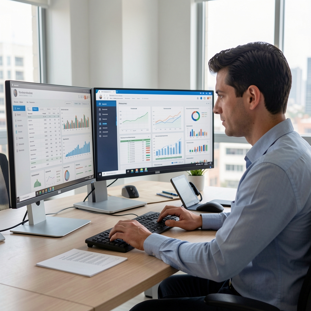 Analista contable en escritorio moderno con múltiples monitores mostrando dashboards financieros, hojas de cálculo y reportes de gestión para empresa argentina