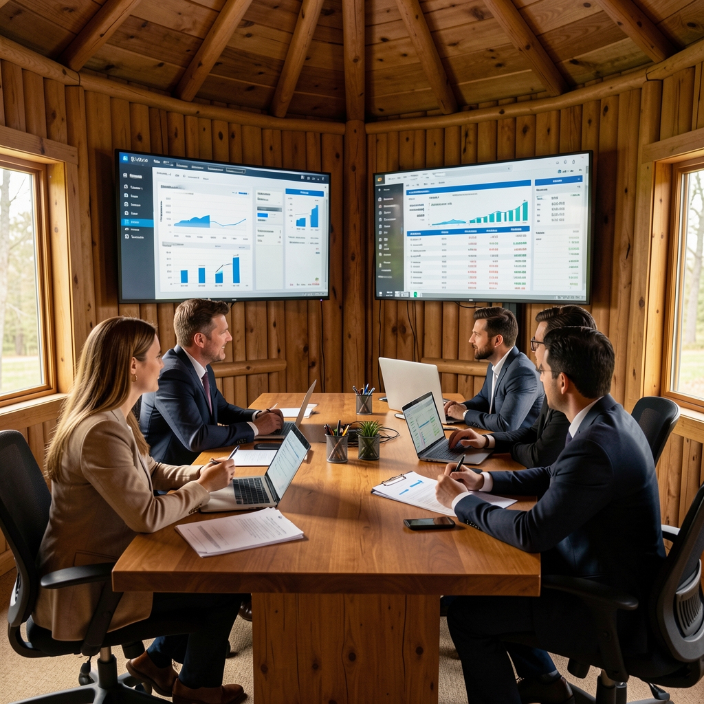 Sala de reuniones de Wigwam en Buenos Aires con mesa de trabajo, pantallas con tableros financieros y equipo de especialistas contables discutiendo informes